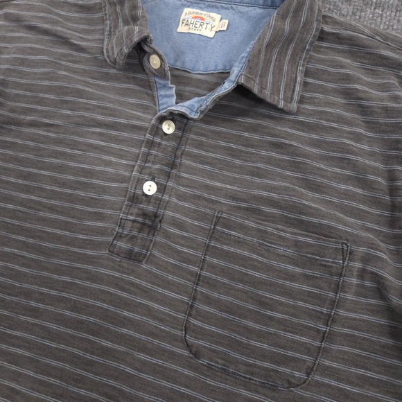 Faherty Polo Shirt Mens L Gray Blue Striped Indigo Dyed Organic Cotton Casual - Picture 3 of 8